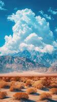 AI generated vertical illustration of desert landscape in front and mountains in background with blue cloudy sky photo