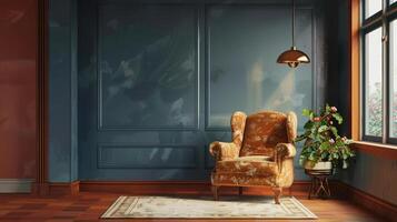 AI generated brown armchair against blue wall photo