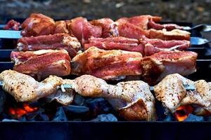 Pieces of fresh raw meat for barbecue, grilling on skewers photo