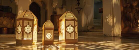 AI generated Islamic art of wooden tiki lantern gifts. photo