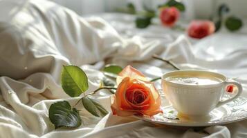 AI generated Romantic Morning Breakfast Served in Bed with a Beautiful Rose Flower photo
