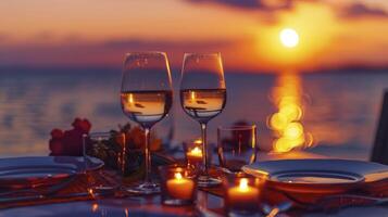 ai generado playa serenidad, un romántico puesta de sol cena para dos, celebrando verano amor y san valentin día foto