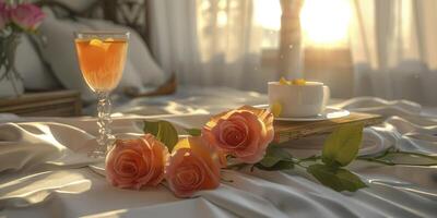 ai generado romántico Mañana desayuno servido en cama con un hermosa Rosa flor foto