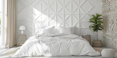 AI generated Contemporary Elegance, Luxurious White Bedroom Adorned with Modern Wall Decor photo