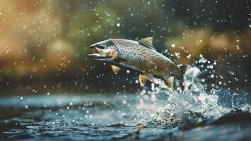 ai generado trucha saltando fuera desde el agua. pescar concepto foto