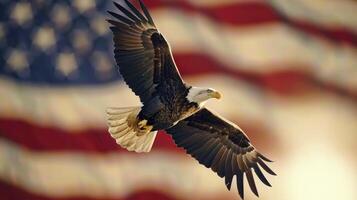 ai generado majestuoso águila altísimo en contra el americano bandera, simbolizando fuerza y unidad en celebracion de independencia día. foto