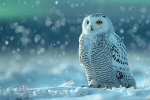 AI generated Snowy owl Bubo scandiacus sitting on a background of aurora photo