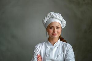 ai generado retrato de un hermosa hembra cocinero en un blanco uniforme en un gris antecedentes foto