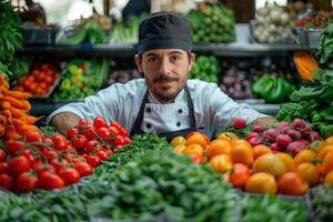 ai generado hombre de venta vegetales en un tienda de comestibles Tienda foto