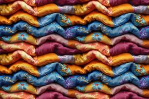 AI generated seamless textile background, folded colorful patchwork quilt made from pieces of fabric photo