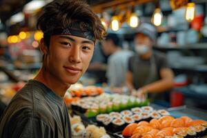 AI generated young asian male sushi chef making sushi roll in fast food restaurant. Japanese food concept. photo