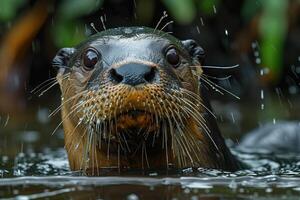 ai generado gigante río nutria pteronura brasiliensis nadando en el agua foto