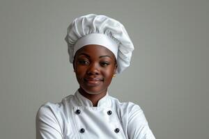 ai generado joven africano americano hembra cocinero en blanco uniforme y sombrero. foto