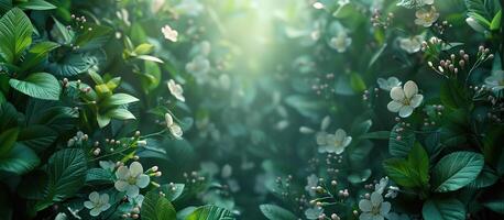 AI generated Beautiful spring background with blooming white flowers and green leaves. photo