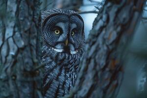 AI generated Tawny Owl Strix nebulosa in the forest photo