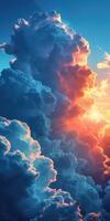 AI generated vertical sunset sky background with clouds and sunbeams, nature composition photo