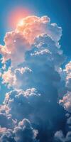 AI generated vertical sunset sky background with clouds and sunbeams, nature composition photo