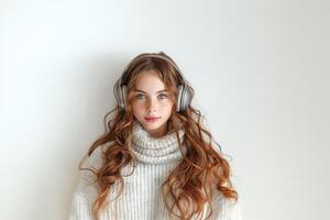 ai generado hermosa niña con auriculares escuchando a música en blanco antecedentes. foto