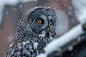 ai generado leonado búho strix nebulosa en invierno bosque en invierno foto