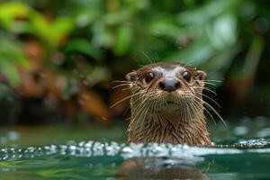 ai generado nutria asoma fuera de el agua foto