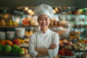 ai generado retrato de un sonriente hembra cocinero en pie con brazos cruzado en el cocina foto