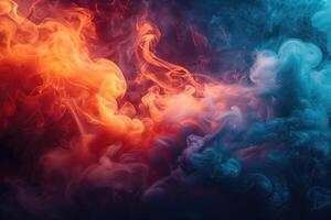 AI generated Dense multicolored smoke of  red, blue and yellow colors on a black isolated background. Background from the smoke of vape photo