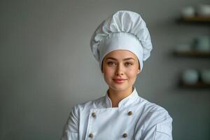 ai generado retrato de un hermosa hembra cocinero en un blanco uniforme en un gris antecedentes foto