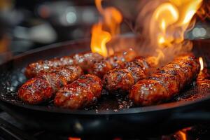 AI generated grilled sausages with herbs and spices in a frying pan with flames photo