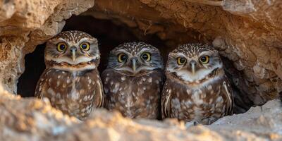 AI generated group of Burrowing owls Athene cunicularia in underground nest photo