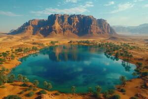 ai generado oasis en el desierto, aéreo ver de un lago con palma arboles en árido rocoso zona foto