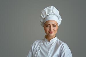 ai generado retrato de un hermosa hembra cocinero en un blanco uniforme en un gris antecedentes foto