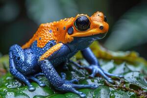 AI generated red and blue poison dart frog photo