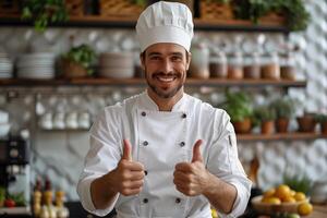 ai generado retrato de un sonriente masculino cocinero demostración pulgares arriba en el cocina foto