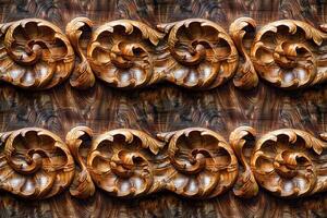 AI generated seamless background, floral pattern carved on a wooden surface photo