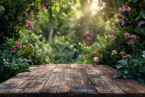 AI generated Empty wooden table on the natural background. For product display photo