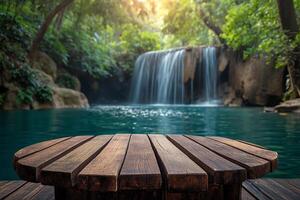 ai generado vacío de madera mesa en el natural antecedentes. para producto monitor foto