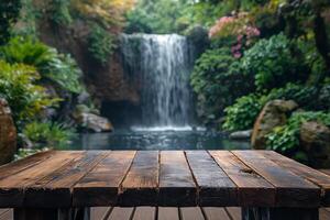 AI generated Empty wooden table on the natural background. For product display photo