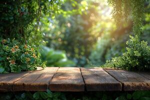 AI generated Empty wooden table on the natural background. For product display photo