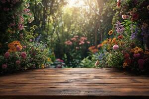 AI generated Empty wooden table on the natural background. For product display photo