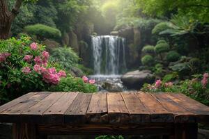 AI generated Empty wooden table on the natural background. For product display photo