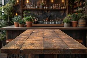 AI generated Empty wooden table on the natural background. For product display photo