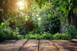 AI generated Empty wooden table on the natural background. For product display photo