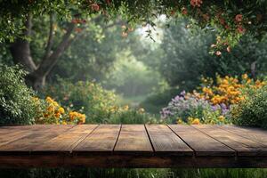 AI generated Empty wooden table on the natural background. For product display photo