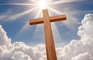 AI generated Christian Easter concept with a cross to the light in heaven symbolizing path of faith in Jesus Christ. photo