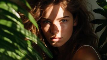 AI generated Portrait of curly woman surrounded by plants. Ai generated photo with wild atmosphere perfect for organic cosmetics, women's brands, wellness website