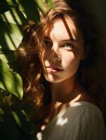 AI generated Portrait of curly woman surrounded by plants. Ai generated photo with wild atmosphere perfect for organic cosmetics, women's brands, wellness website