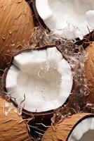 AI generated Vertical close up photography with half of coconut and water splashes. Minimalist studio shot Ai generation photo