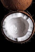 AI generated Vertical close up photo with half of coconut on the black background. Minimalist top view Ai generation