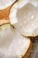 AI generated Vertical close up photography with halves of coconut and water splashes. Minimalist studio shot Ai generation photo