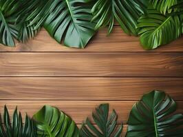 AI generated Dark tropical leaves on the dark wooden background with copy space. Ai generated photo top view template with botanical border